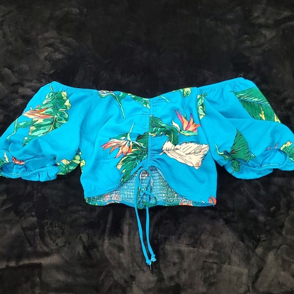 SO Tropical Floral Blue Puff Sleeve Top - Picture 5 of 8